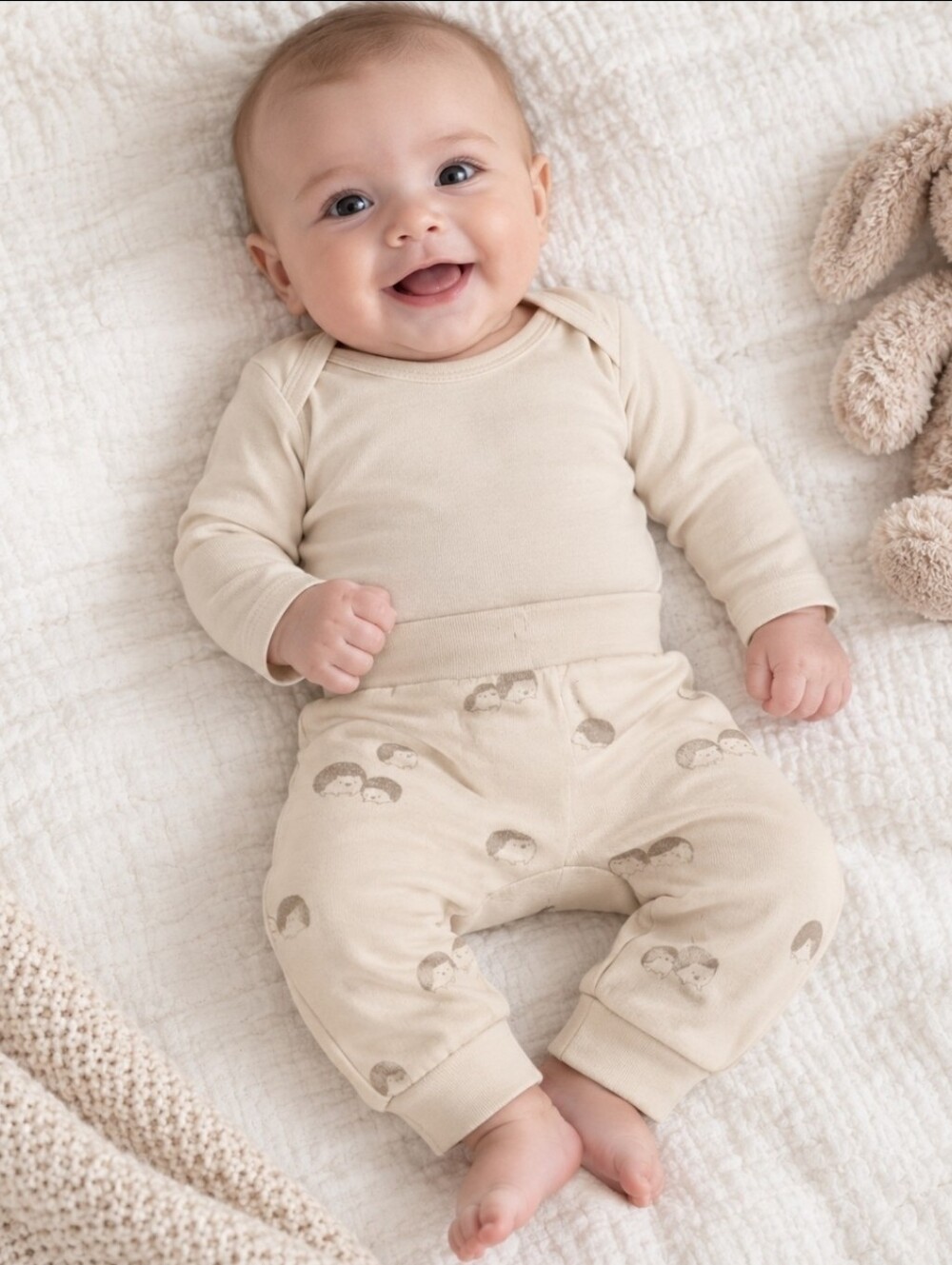 3 Month Cream Off White Hedgehog Print 2 Piece Bodysuit Pants Outfit Set